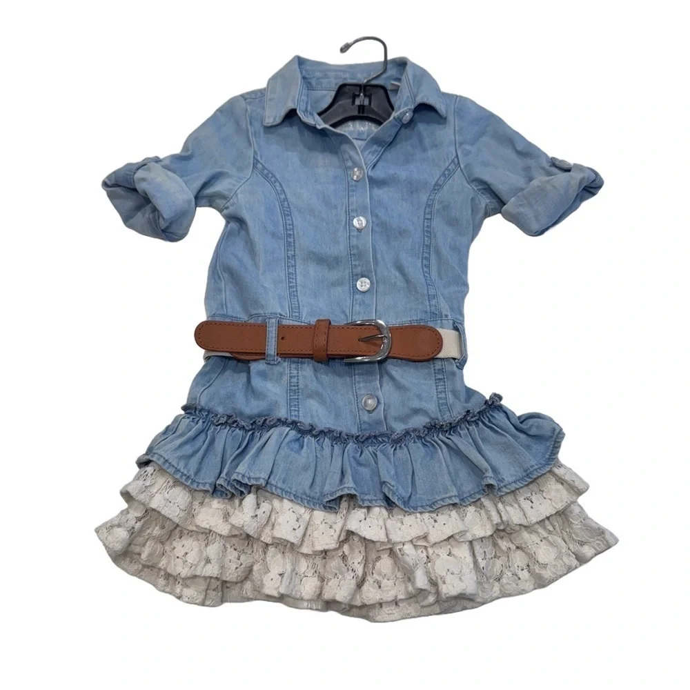 Guess toddler girls denim dress with lace ruffles size 2 belt, 100% cotton